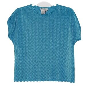 LanaLee VTG Womens Knit Top‎ Shirt M Blue Turquoise 90s Crepe Y2K Bright